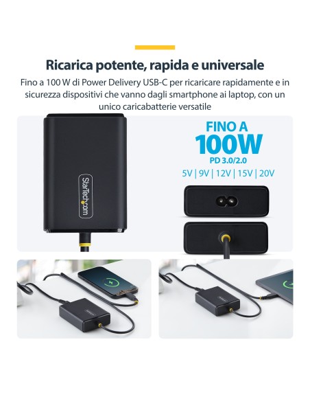 StarTech.com Caricatore USB-C da 100W per Laptop con Cavo USB-C Integrato da 1,5 m, Alimentatore per Dell, XPS, HP ProBook,