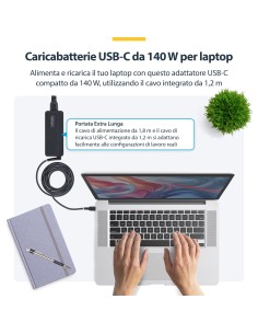 StarTech.com Caricatore USB-C 140W con cavo USB-C integrato da 1,2m, Alimentatore GaN per MacBook M3 M4 M5 Pro Max, Dell 2