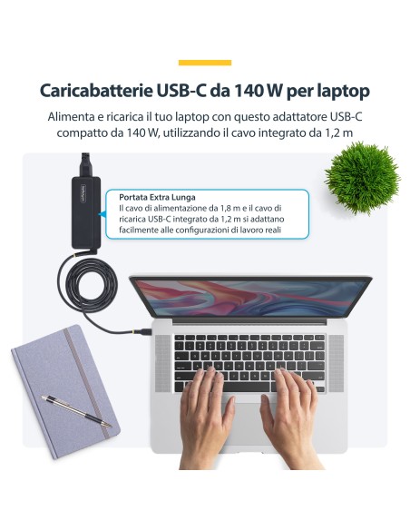 StarTech.com Caricatore USB-C 140W con cavo USB-C integrato da 1,2m, Alimentatore GaN per MacBook M3 M4 M5 Pro Max, Dell