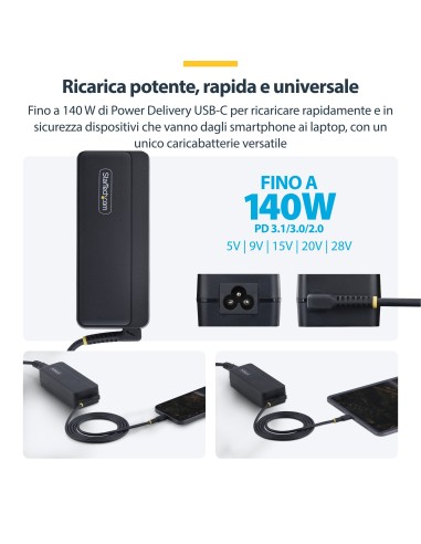 StarTech.com Caricatore USB-C 140W con cavo USB-C integrato da 1,2m, Alimentatore GaN per MacBook M3 M4 M5 Pro Max, Dell