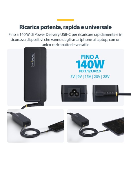 StarTech.com Caricatore USB-C 140W con cavo USB-C integrato da 1,2m, Alimentatore GaN per MacBook M3 M4 M5 Pro Max, Dell