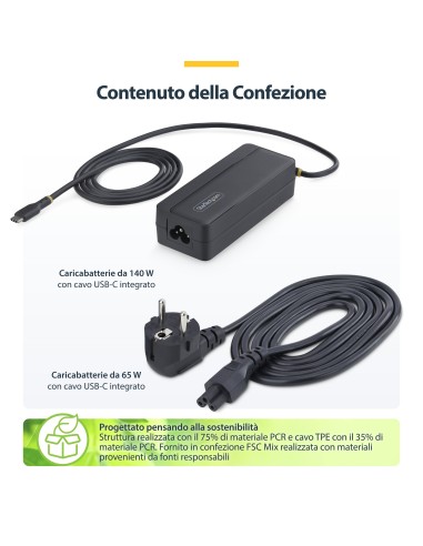 StarTech.com Caricatore USB-C 140W con cavo USB-C integrato da 1,2m, Alimentatore GaN per MacBook M3 M4 M5 Pro Max, Dell