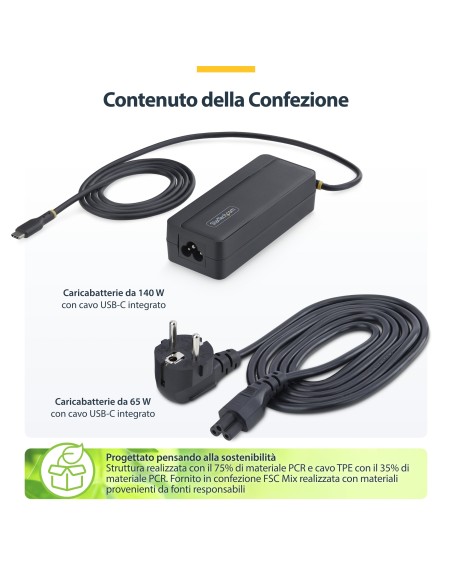 StarTech.com Caricatore USB-C 140W con cavo USB-C integrato da 1,2m, Alimentatore GaN per MacBook M3 M4 M5 Pro Max, Dell