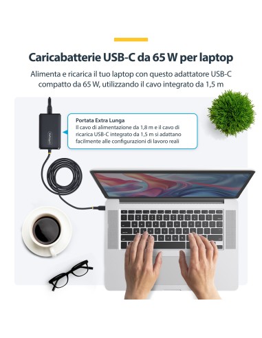 StarTech.com Caricatore USB-C da 65W per Laptop con Cavo USB-C Integrato da 1,5 m, Alimentatore per Dell, XPS, HP ProBook,