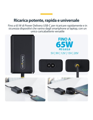 StarTech.com Caricatore USB-C da 65W per Laptop con Cavo USB-C Integrato da 1,5 m, Alimentatore per Dell, XPS, HP ProBook,