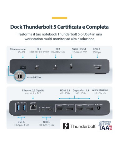 StarTech.com 206UE-TB5USB4DOCK replicatore di porte e docking station per laptop Cablato Thunderbolt 5 Nero, Grigio