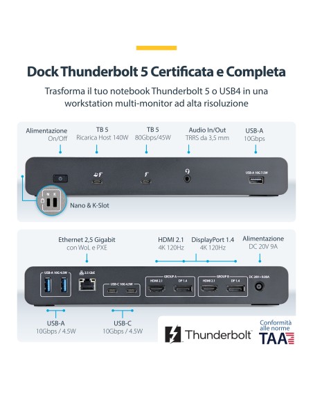 StarTech.com 206UE-TB5USB4DOCK replicatore di porte e docking station per laptop Cablato Thunderbolt 5 Nero, Grigio