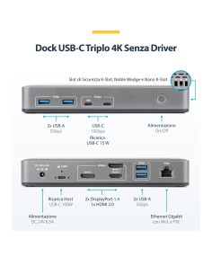 StarTech.com Docking Station USB-C Triple Monitor, DisplayPort   HDMI, 2x 4K 60Hz, 1x 4K 30Hz, Ricarica Laptop 100W, Ethernet 2