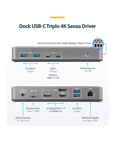 StarTech.com Docking Station USB-C Triple Monitor, DisplayPort   HDMI, 2x 4K 60Hz, 1x 4K 30Hz, Ricarica Laptop 100W, Ethernet