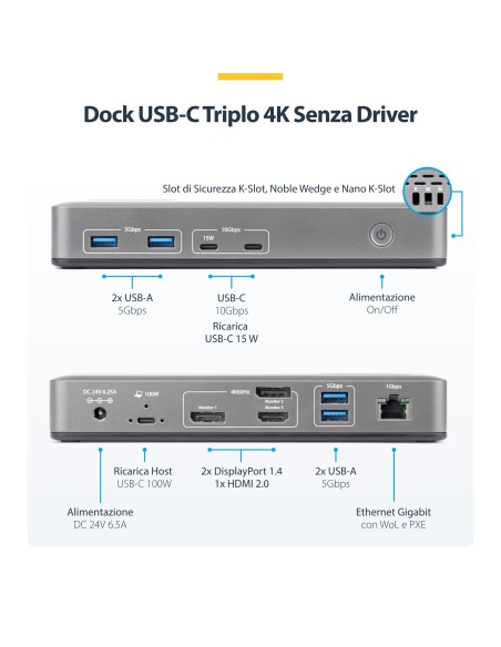 StarTech.com Docking Station USB-C Triple Monitor, DisplayPort   HDMI, 2x 4K 60Hz, 1x 4K 30Hz, Ricarica Laptop 100W, Ethernet