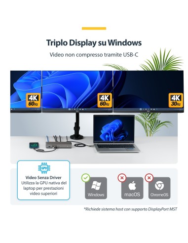 StarTech.com Docking Station USB-C Triple Monitor, DisplayPort   HDMI, 2x 4K 60Hz, 1x 4K 30Hz, Ricarica Laptop 100W, Ethernet