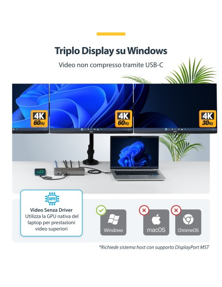 StarTech.com Docking Station USB-C Triple Monitor, DisplayPort   HDMI, 2x 4K 60Hz, 1x 4K 30Hz, Ricarica Laptop 100W, Ethernet