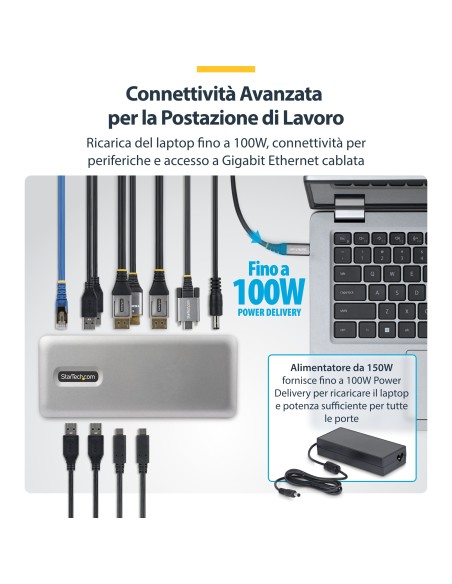 StarTech.com Docking Station USB-C Triple Monitor, DisplayPort   HDMI, 2x 4K 60Hz, 1x 4K 30Hz, Ricarica Laptop 100W, Ethernet
