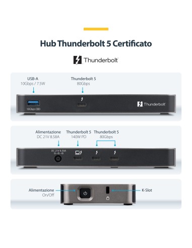 StarTech.com Hub Thunderbolt 5 a 4 Porte con KVM Thunderbolt Share, 80 120Gbps, Multi-Monitor 8K, PD 140W, USB-A 10Gbps,