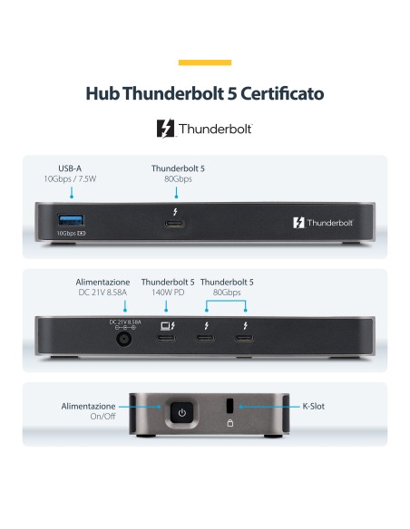 StarTech.com Hub Thunderbolt 5 a 4 Porte con KVM Thunderbolt Share, 80 120Gbps, Multi-Monitor 8K, PD 140W, USB-A 10Gbps,