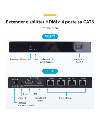 StarTech.com Extender e Splitter HDMI a 4 Porte su Cavo CAT6, 4K 60Hz, Fino a 70 m, Kit di Distribuzione HDMI 1x4 su Ethernet