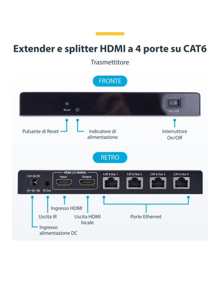 StarTech.com Extender e Splitter HDMI a 4 Porte su Cavo CAT6, 4K 60Hz, Fino a 70 m, Kit di Distribuzione HDMI 1x4 su Ethernet