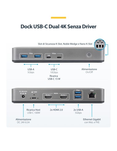 StarTech.com Docking Station USB-C Dual Monitor, HDMI 4K 60Hz, Ricarica Laptop 100W, Ethernet 1GbE, Senza Driver, Dock
