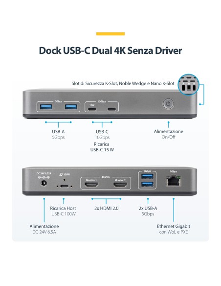 StarTech.com Docking Station USB-C Dual Monitor, HDMI 4K 60Hz, Ricarica Laptop 100W, Ethernet 1GbE, Senza Driver, Dock