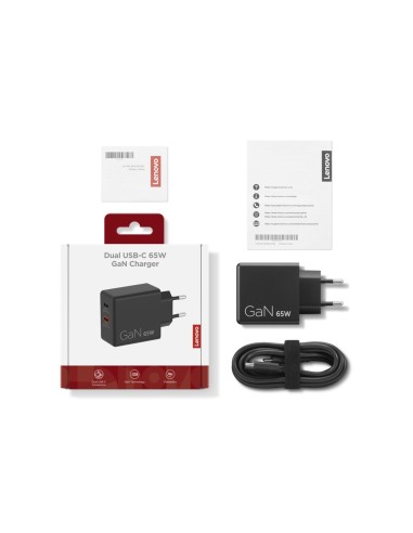 Lenovo Dual USB-C 65W GaN Charger, alimentatore compatto da muro con doppia Type-C, cavo USB-C 1,5 m incluso - ideale per