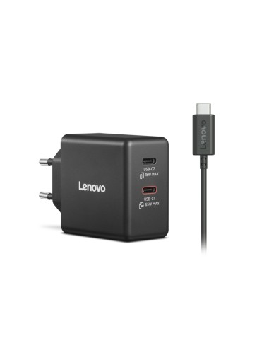Lenovo Dual USB-C 65W GaN Charger, alimentatore compatto da muro con doppia Type-C, cavo USB-C 1,5 m incluso - ideale per