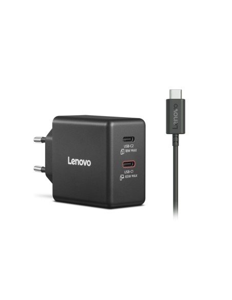 Lenovo Dual USB-C 65W GaN Charger, alimentatore compatto da muro con doppia Type-C, cavo USB-C 1,5 m incluso - ideale per