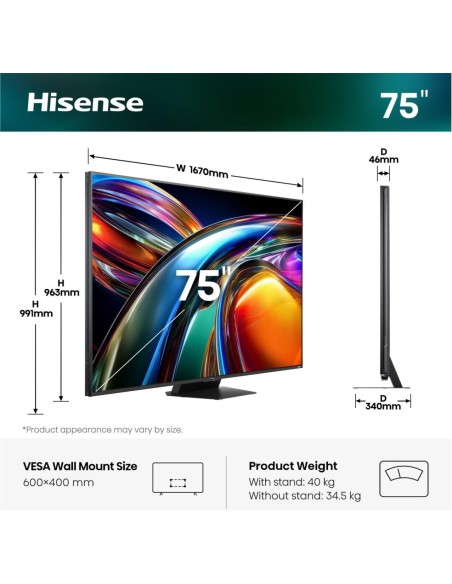 Hisense Smart TV RGB MiniLED 180Hz 75" 4K 75UR9S, Schermo Anti-Riflesso, 100% BT2020, Dolby Atmos 4.1.2 By Devialet, Dolby