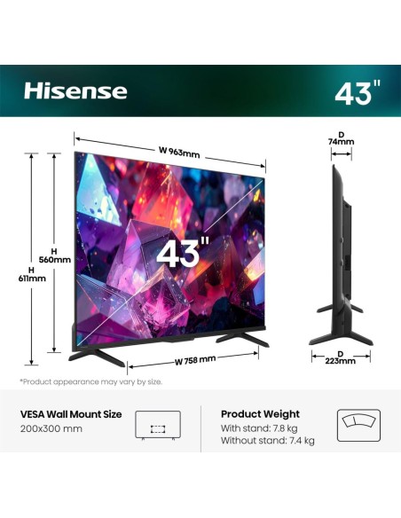 Hisense Smart TV QLED 144Hz 43" 4K 43Q7S PRO, Audio Dolby Atmos, VIDAA OS con 1000+ APP, Dolby Vision IQ, HDR 10+, Native 144Hz