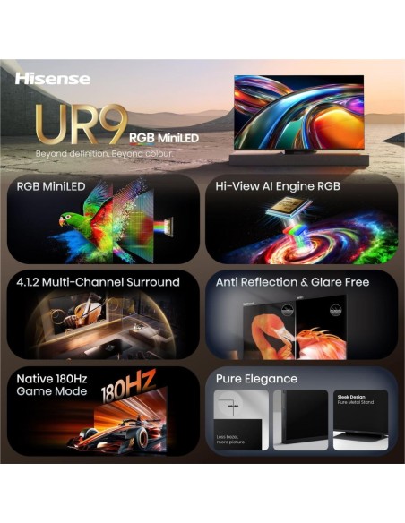 Hisense Smart TV RGB MiniLED 180Hz 85" 4K 85UR9S, Schermo Anti-Riflesso, 100% BT2020, Dolby Atmos 4.1.2 By Devialet, Dolby