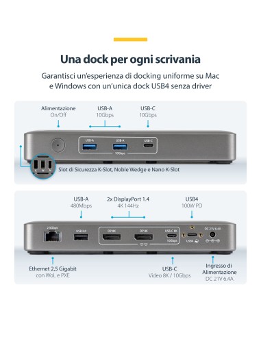 StarTech.com Docking Station USB4, Dual 4K 144Hz Driverless per Mac e Windows, Dock USB-C Universale con DisplayPort, PD 100W e