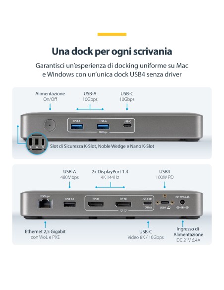 StarTech.com Docking Station USB4, Dual 4K 144Hz Driverless per Mac e Windows, Dock USB-C Universale con DisplayPort, PD 100W e