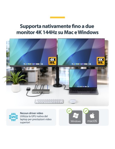 StarTech.com Docking Station USB4, Dual 4K 144Hz Driverless per Mac e Windows, Dock USB-C Universale con DisplayPort, PD 100W e