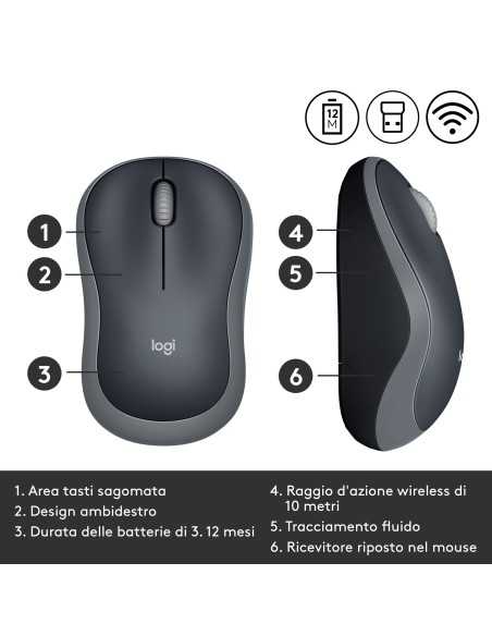 Logitech M185 Mouse Wireless, 2,4 GHz con Mini Ricevitore USB, Durata Batteria di 12 Mesi, Tracciamento Ottico 1000 DPI,