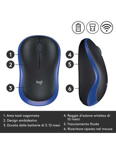Logitech M185 Mouse Wireless, 2,4 GHz con Mini Ricevitore USB, Durata Batteria di 12 Mesi, Tracciamento Ottico 1000 DPI,