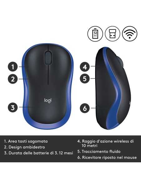 Logitech M185 Mouse Wireless, 2,4 GHz con Mini Ricevitore USB, Durata Batteria di 12 Mesi, Tracciamento Ottico 1000 DPI,
