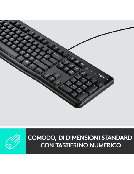 Logitech K120 Tastiera con Cavo per Windows, USB Plug-and-Play, Dimensioni Standard, Resistente agli Schizzi, Barra Spaziatrice