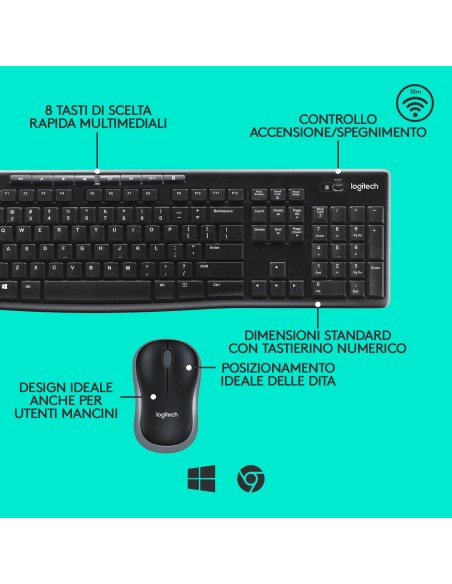 Logitech MK270 Combo Tastiera e Mouse Wireless per Windows, 2,4 GHz Wireless, Mouse Compatto, 8 Tasti Multimediali e di Scelta