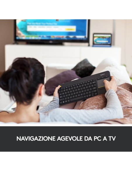 Logitech K400 Plus Tastiera Wireless Touch TV, Facili Controlli Multimediali e Touchpad Integrato, Tastiera HTPC per TV
