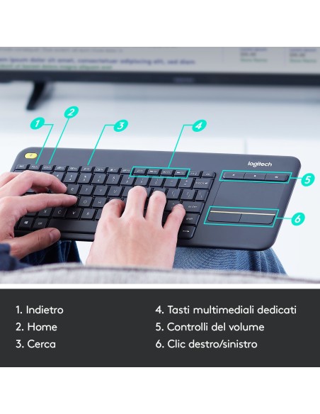 Logitech K400 Plus Tastiera Wireless Touch TV, Facili Controlli Multimediali e Touchpad Integrato, Tastiera HTPC per TV