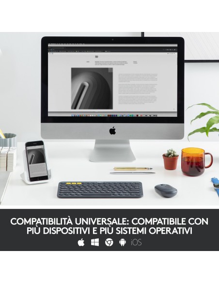 Logitech K380 Multi-Device Tastiera Bluetooth Wireless, Design Easy-Switch, Sottile, Portatile, 2 Anni di Batteria, Funziona