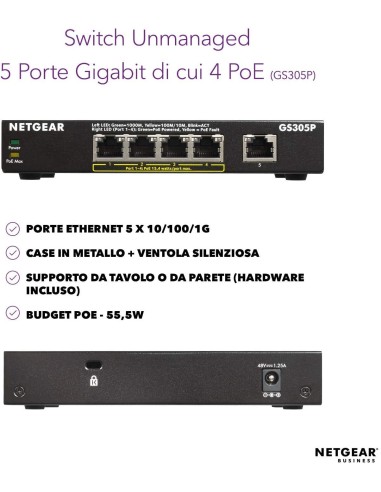 NETGEAR GS305P Non gestito Gigabit Ethernet (10 100 1000) Supporto Power over Ethernet (PoE) Nero