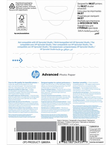 HP Confezione da 25 fogli di carta fotografica Advanced, lucida, 250 g m2, 10 x 15 cm (101 x 152 mm)