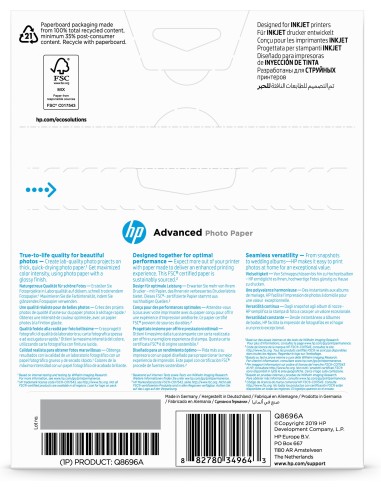 HP Confezione da 25 fogli carta fotografica lucida 13 x 18 cm senza margini Advanced