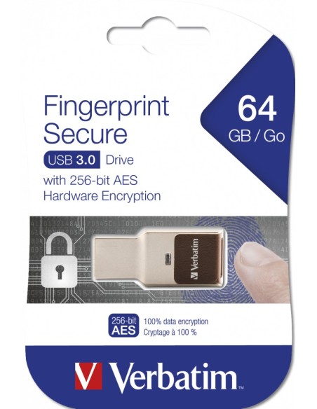 Verbatim FingerPrint Secure - Memoria USB 3.0 con lettore di impronte digitali e crittografia dei dati - 64 GB - Marrone Argento