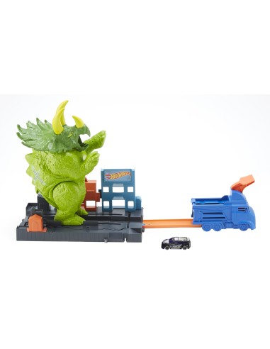 Hot Wheels City Playset Pista Attacco del Triceratopo con Lanciatore e Macchinina, GBF97