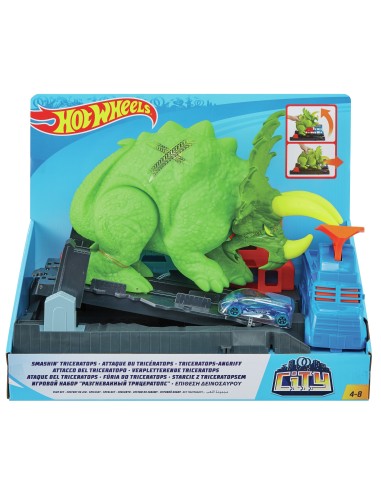 Hot Wheels City Playset Pista Attacco del Triceratopo con Lanciatore e Macchinina, GBF97