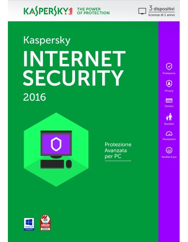Kaspersky Lab Internet Security 2016, 3u, 1y, IT ITA Licenza completa 3 licenza e 1 anno i