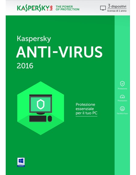 Kaspersky Lab Anti-Virus 2016, Full, 3u, 1y, IT ITA Licenza completa 3 licenza e 1 anno i