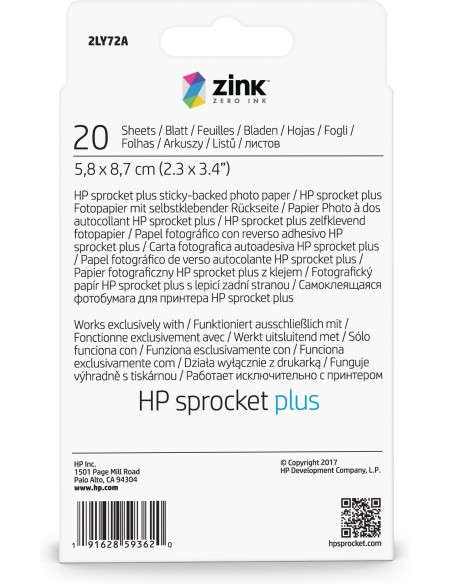 HP Confezione da 20 fogli di carta fotografica adesiva Sprocket Plus da 5,8 x 8,7 cm