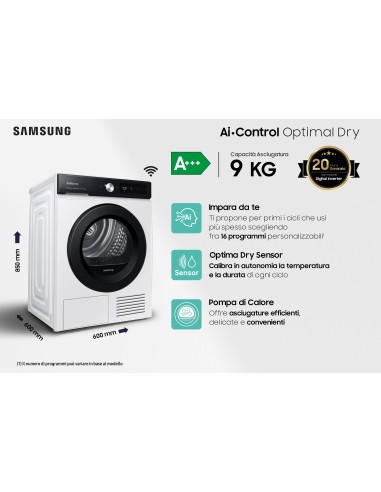 Samsung Asciugatrice AI Control Optimal dry 9Kg DV90BB5245AE